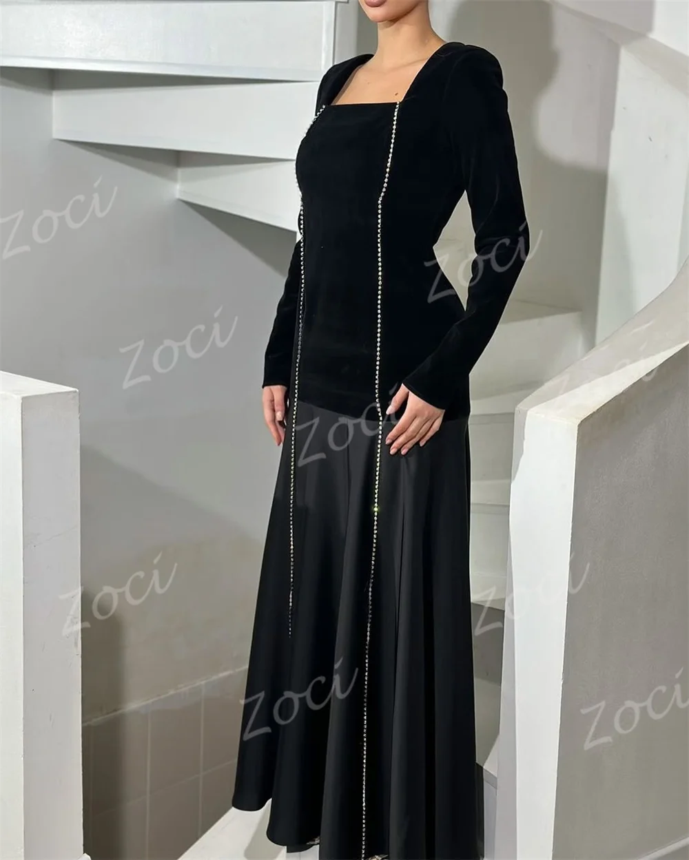 Zoci-vestidos de fiesta negros con cuello cuadrado, vestido de noche de manga larga con cuentas de satén, vestido Formal personalizado para ocasión de fiesta saudí