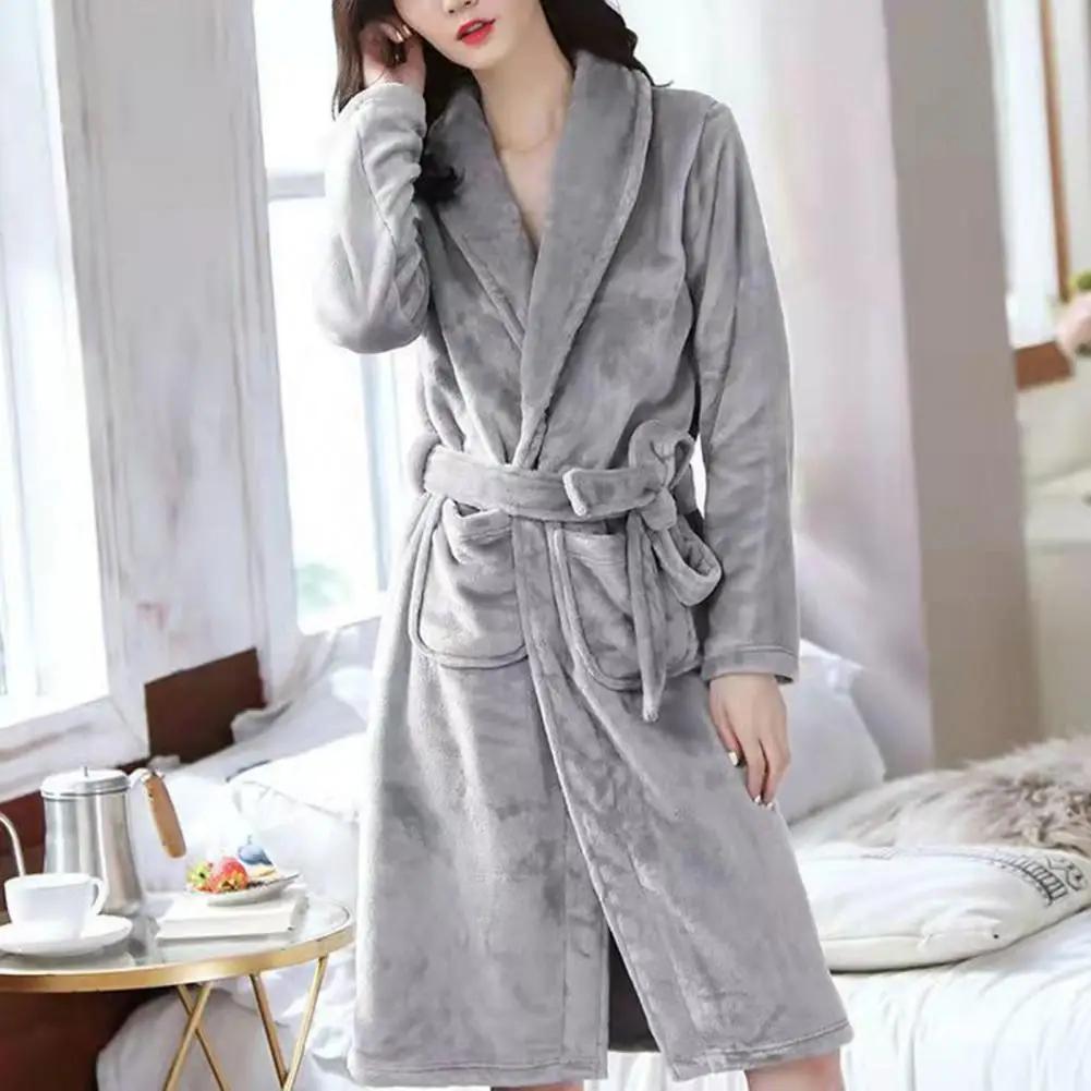 Solid Color Lapel Tie Robe Luxurious Plush Fleece Bath Robe for Men Women Knee-length Lapel Tie Design Cozy Winter Loungewear