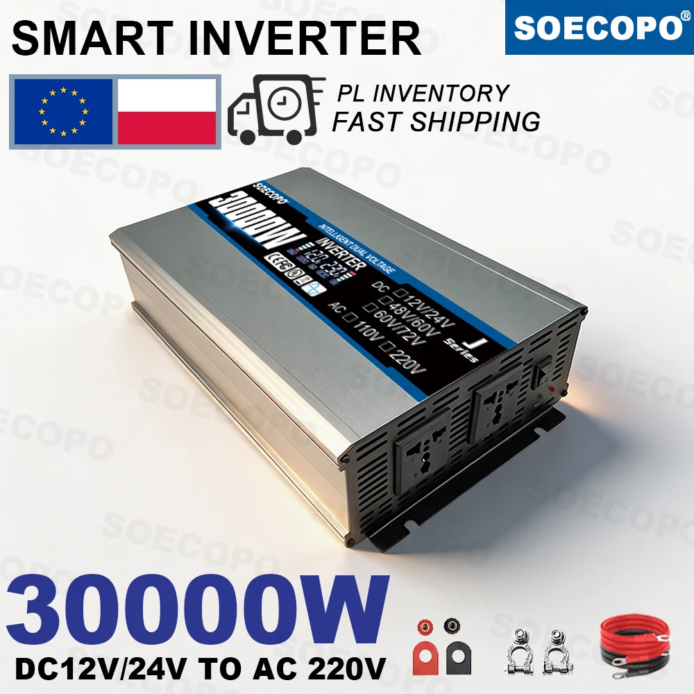Image of SOECOPO Hochleistungs-Solarwechselrichter mit stabiler Ladung, 30000W Spitzenleistung, Dual-Frequenz, Dual-Spannung DC 12V/24V zu AC 220V 50Hz, schnelle Lieferung aus Polen, schnelle Reaktion für