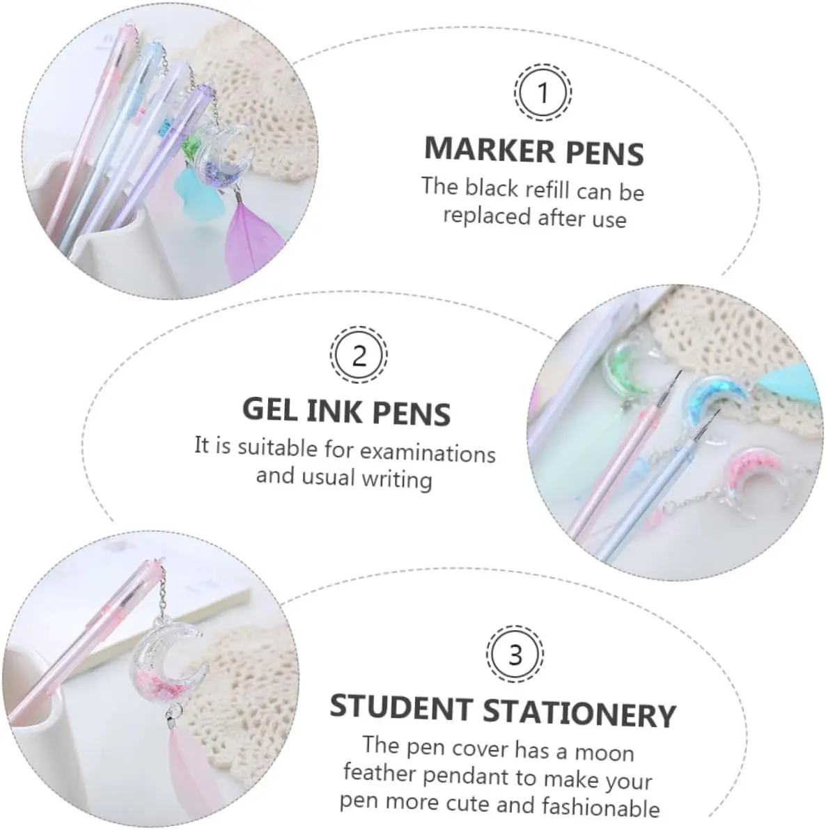 Gel Pens Set Writing Tools Feather Moon Pendant  Moon Gel Ink Marker Office Plastic Kawaii Stationery