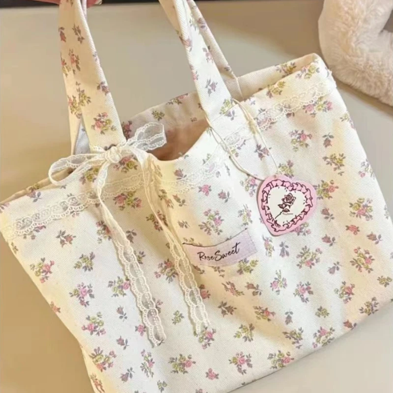 Large Capacity Printed Tote Bag Fashion Sweet with Lace Bow Storage Handbags Canvas Handbag