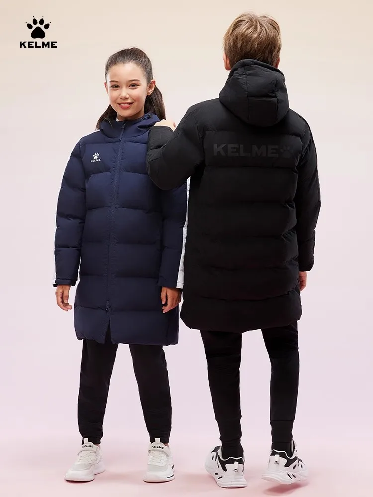 KELME Kid Winter Jacket Long Solid Sports Training Coat Child Overcoat Outrwear Warm Cotton Padded Winter Coat Boys Girl