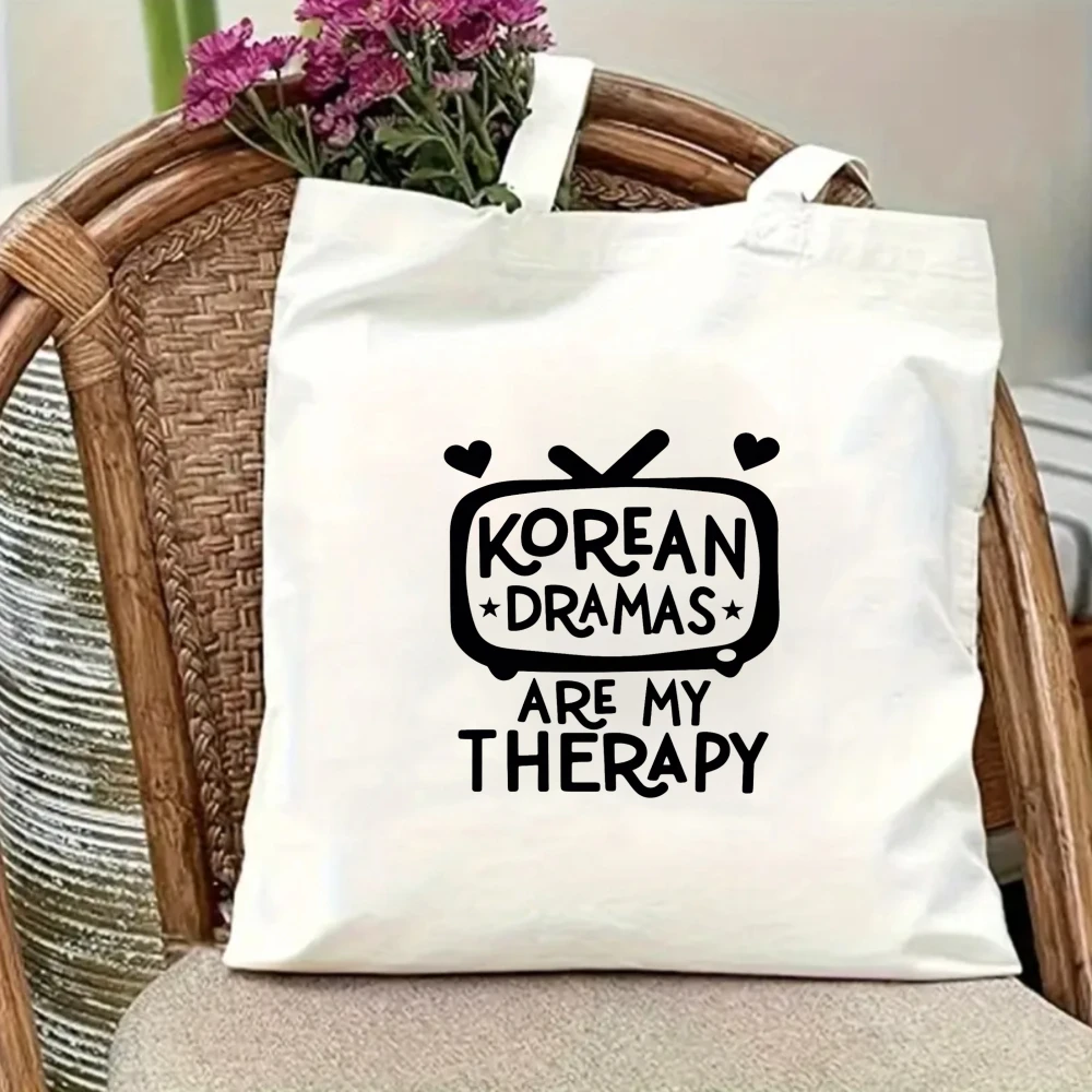 

"Korean Dramas Are My Therapy" Canvas Tote Bag, K-Drama Lover Shoulder Bag with Cute TV Design
