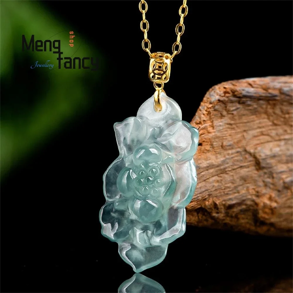 Natural A-goods Jadeite Ice Blue Water Lotus Pendant 18K Gold Clasp Setting Inlay Best Selling Exquisite Luxury Fashion Jewelry