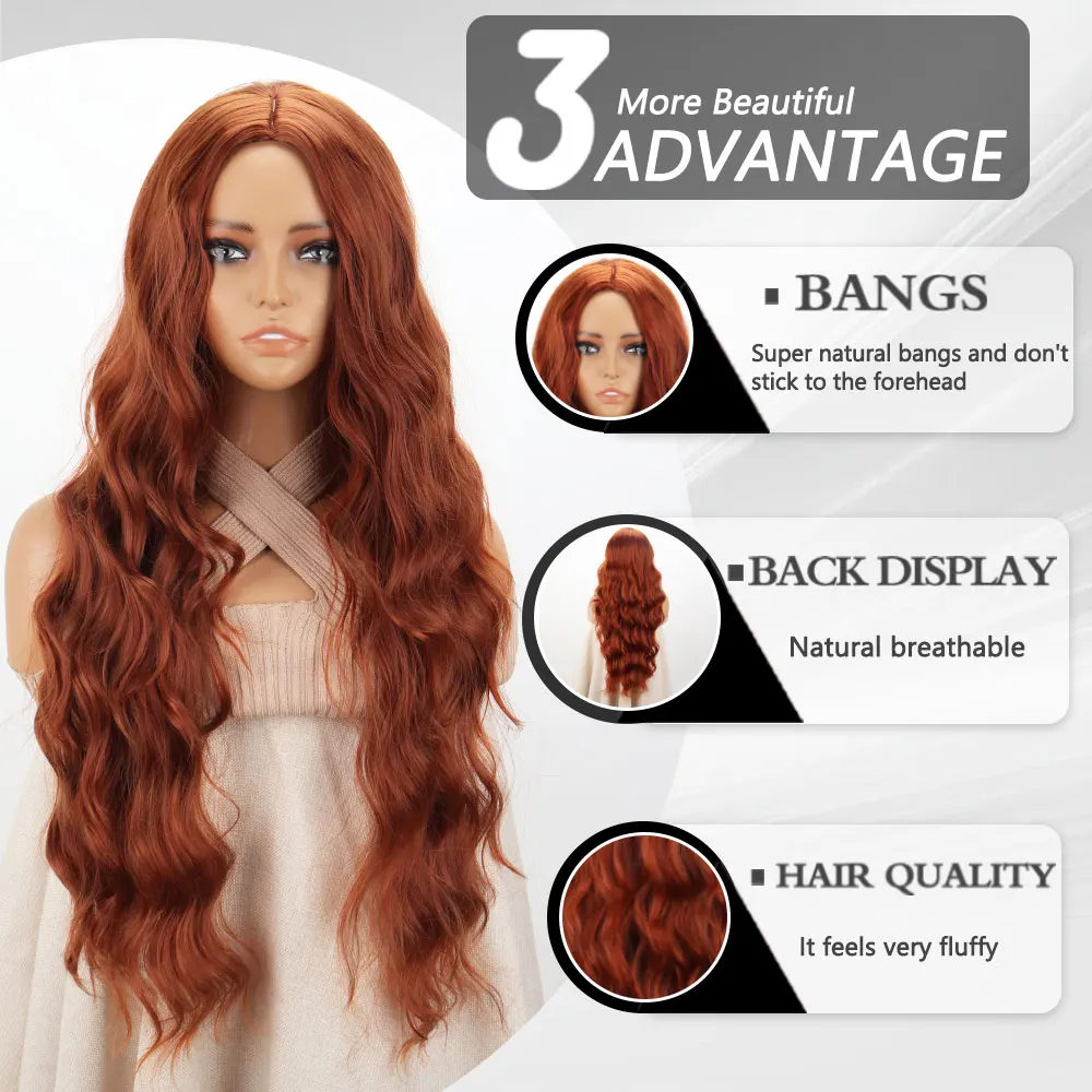 วิกผมสังเคราะห์ยาวทรงผม Wigs กลาง Orange สีดำวิกผมความร้อนทนวิกผมสังเคราะห์สำหรับผู้หญิงคอสเพลย์