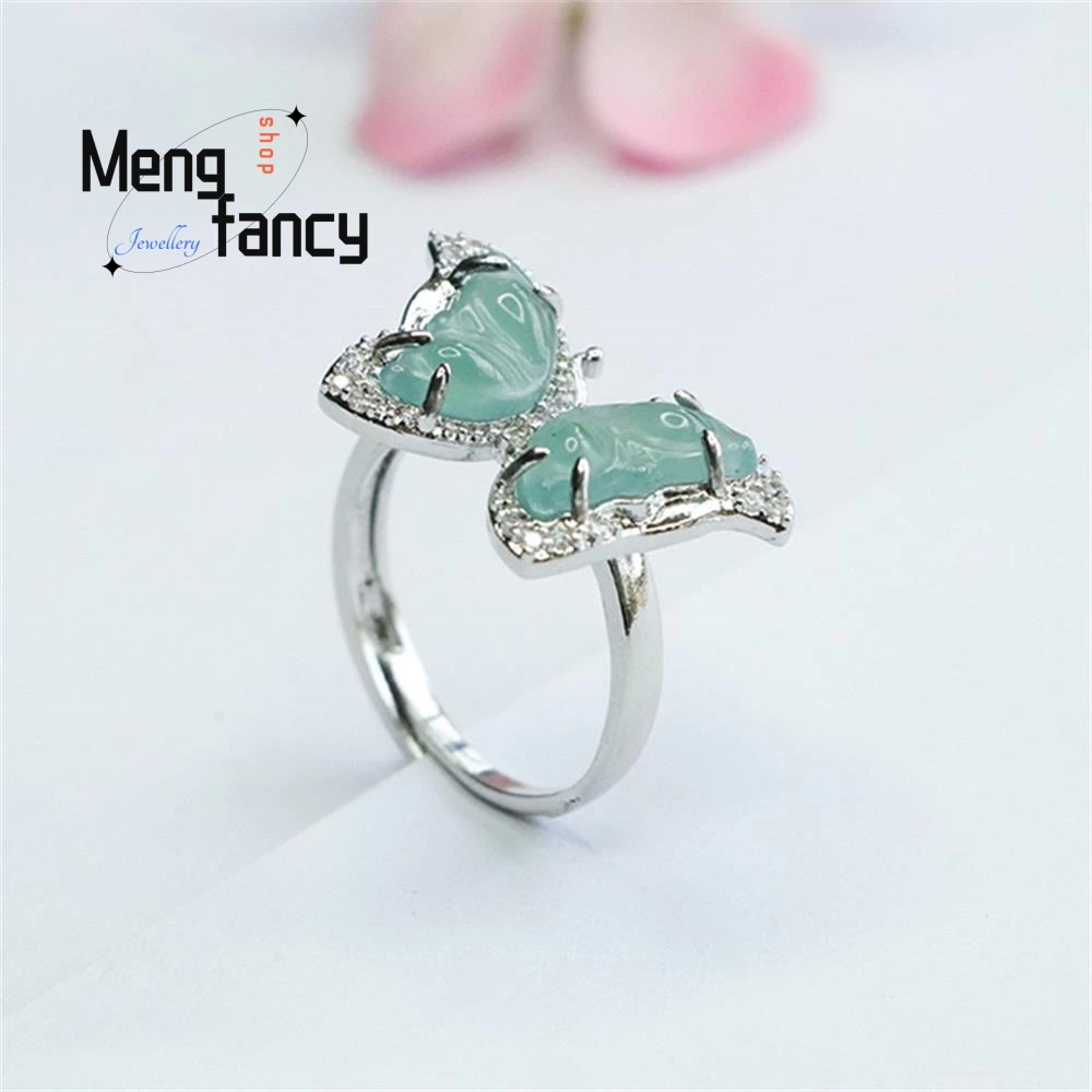 Natural A-goods Jadeite Blue Water Jade Butterfly Ring Exquisite Elegant Simple High-grade Couple Promise Fashion Luxury Jewelry