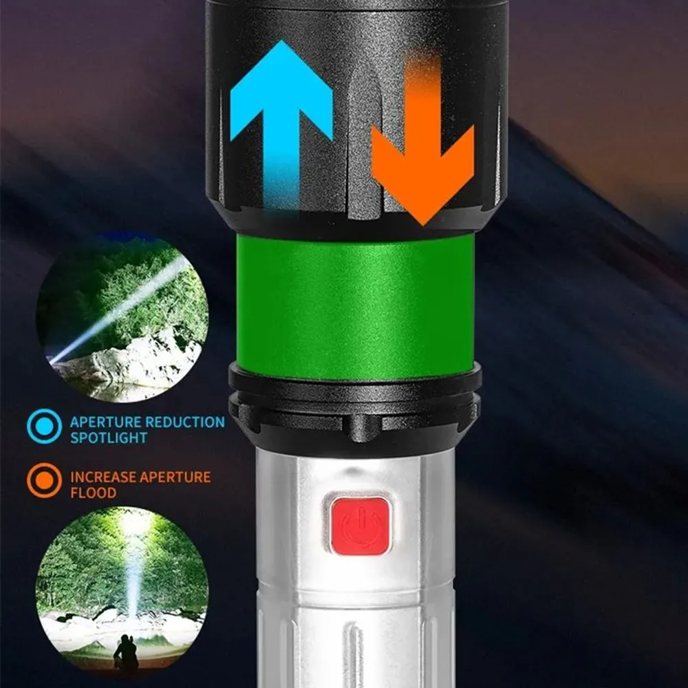 Super Bright Long Distance LED Flashlight Built-in 2800mAh Lithium Battery Zoomable Side Light Out Camping Hunting Torch Lantern