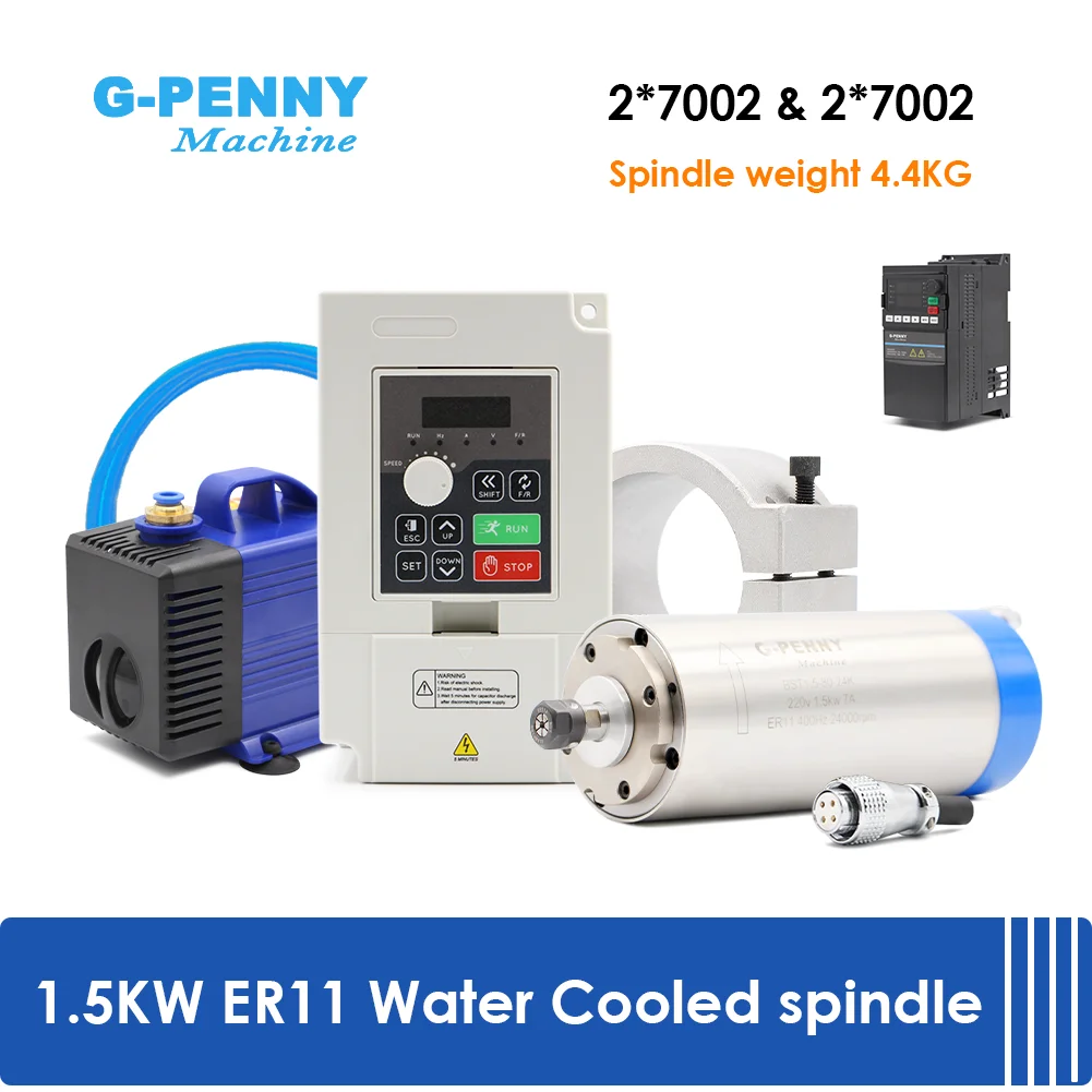 Шпиндель G-Penny с водяным охлаждением 220В/380В, 1.5кВт, ER11, 4 подшипника, 80 мм, инвертор Huanyang, кронштейн шпинделя 80 мм и водяной насос 75Вт.