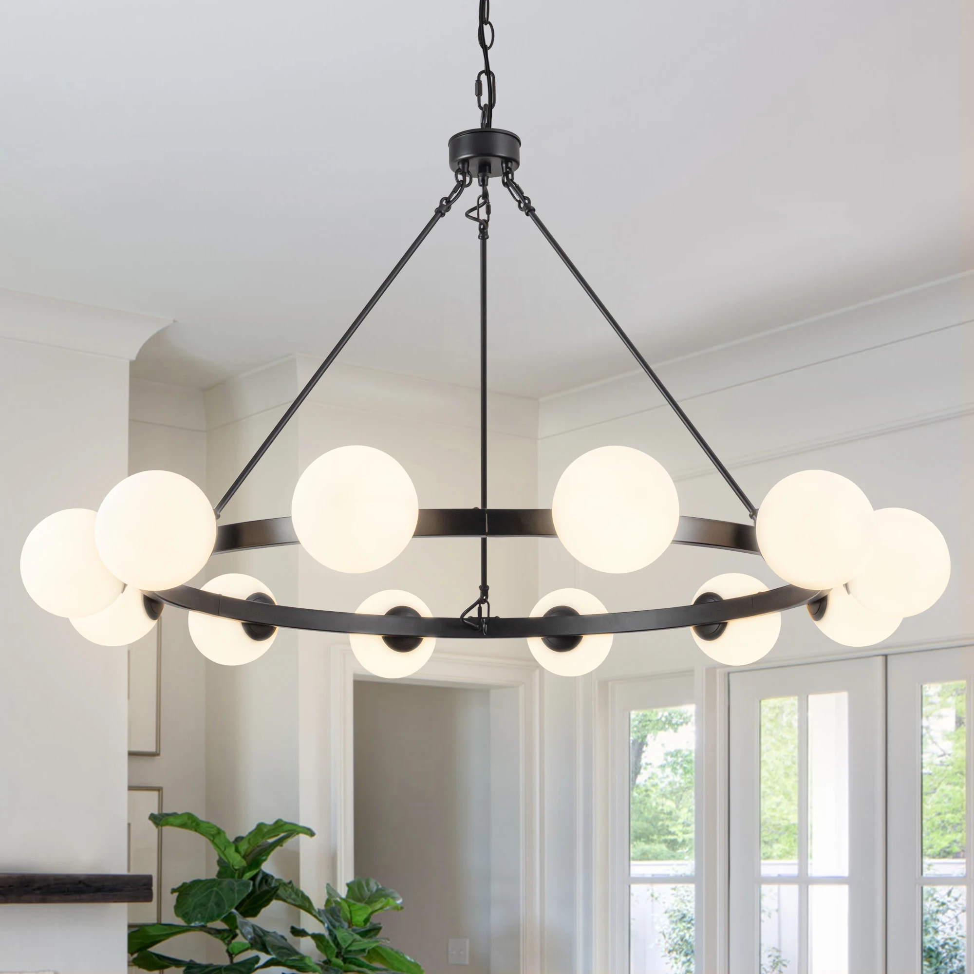 12-Light Wagon Wheel Chandelier Round Chandelier Black Farmhouse Chandelier Adjustable Wagon Wheel Light Fixture