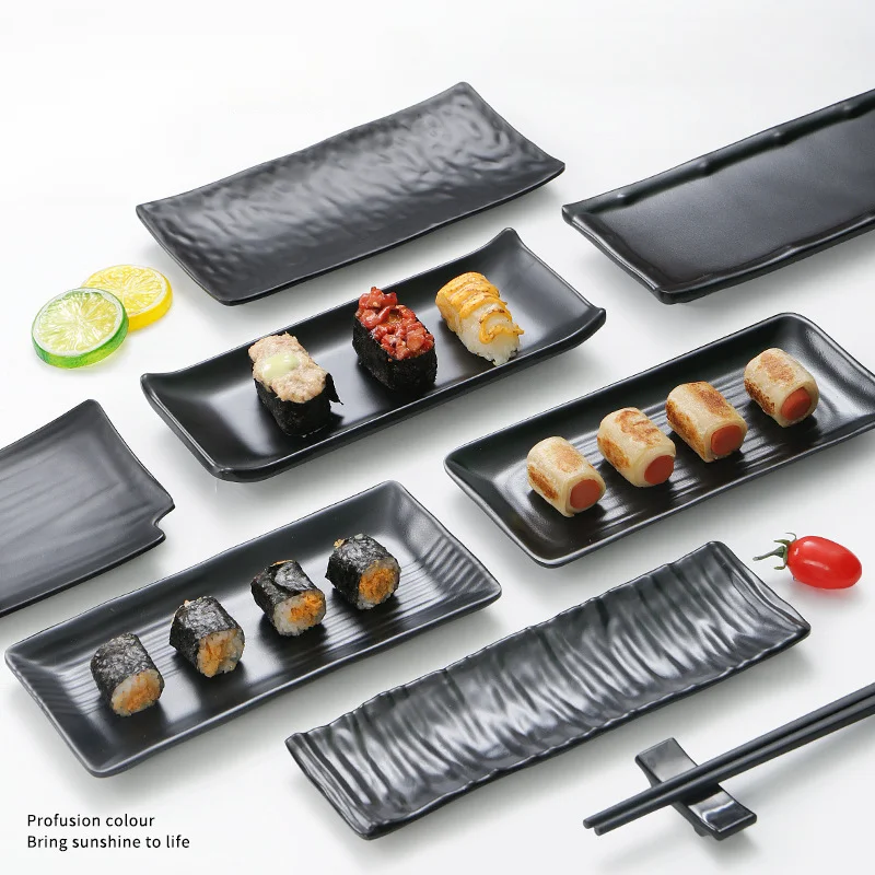 Japanese Melamine Tableware Black Frosted Barbecue Plate Imitation Porcelain Anti Drop Rectangular Sushi Dish