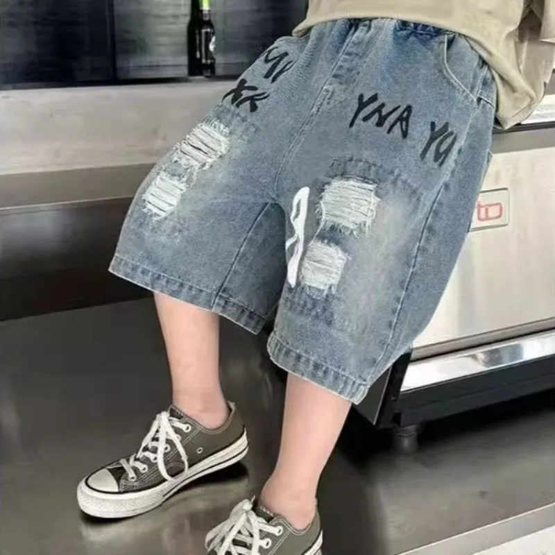 2026 New Boy's Denim Shorts Summer Kids Casual Ripped Thin Loose Fit Middle Pants​