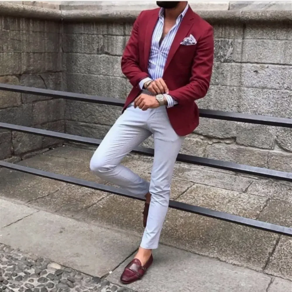 Burgundy Men Suit Slim Formal 2 Pieces Tuxedo  Custom Jacket with Pants  Wedding Suits for Men  Codtume Homme Mariage