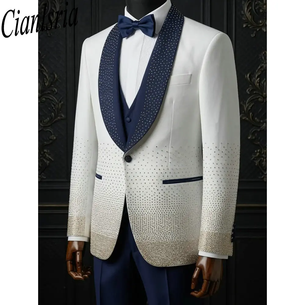 Men's White Suit with Navy Blue Lapel and Silver Rhinestone Gradient Embellishment Slim Fit Tuxedo Blazer for Wedding Party Prom