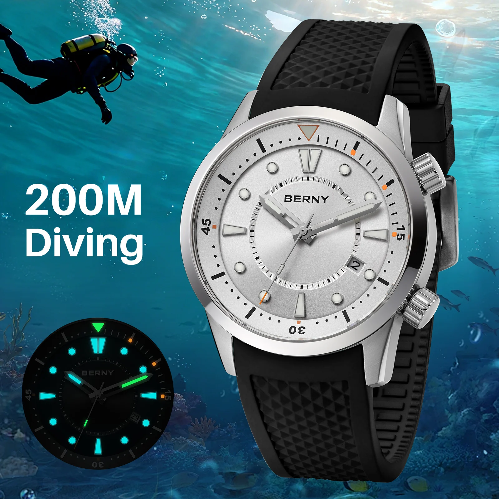 Reloj BERNY de buceo automático para hombre, resistente al agua hasta 200M, Miyota 8215 Sappire AR, reloj de pulsera deportivo de silicona recubierto para nadar, reloj de buceo para hombre