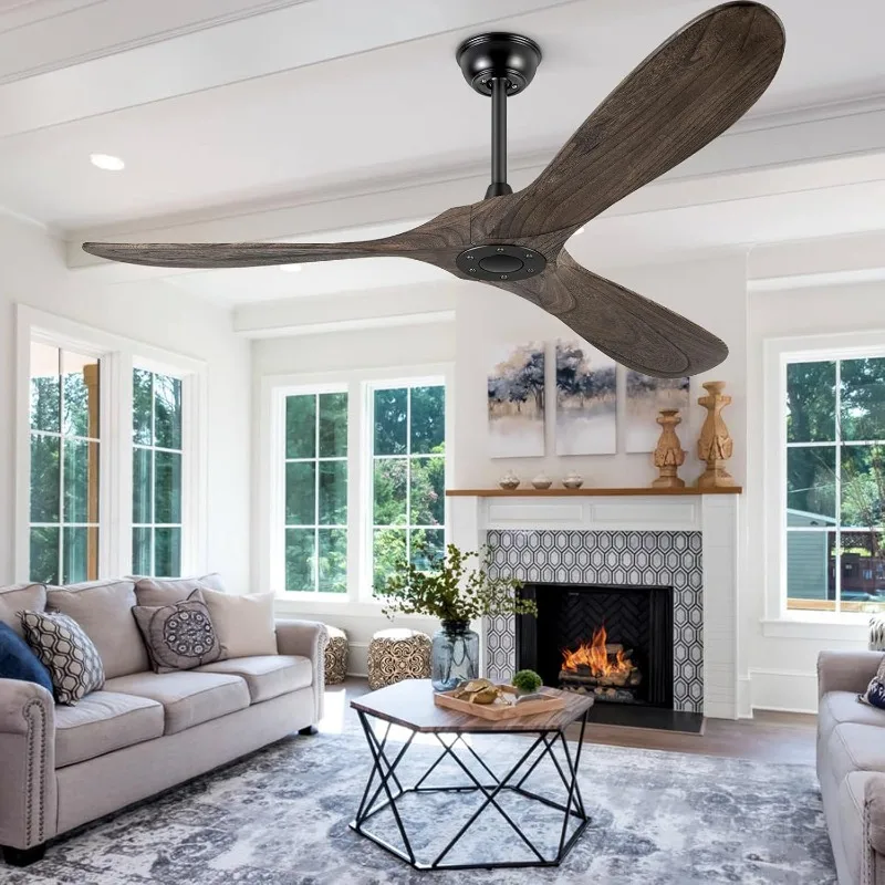 Ceiling Fans Without Light, Solid Wood Ceiling Fan with Remote Control and DC Motor, No Light, Modern Ceiling Fan with 3 Blades