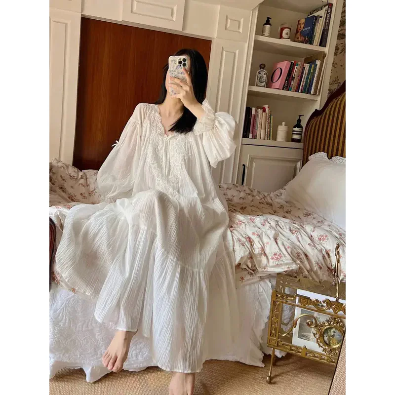 Nightgowns Women Leisure Solid Sweet Pajamas 4XL Princess Style Lace Trim Lantern Sleeve Cute Sleepdress Lovely Soft Home Wear