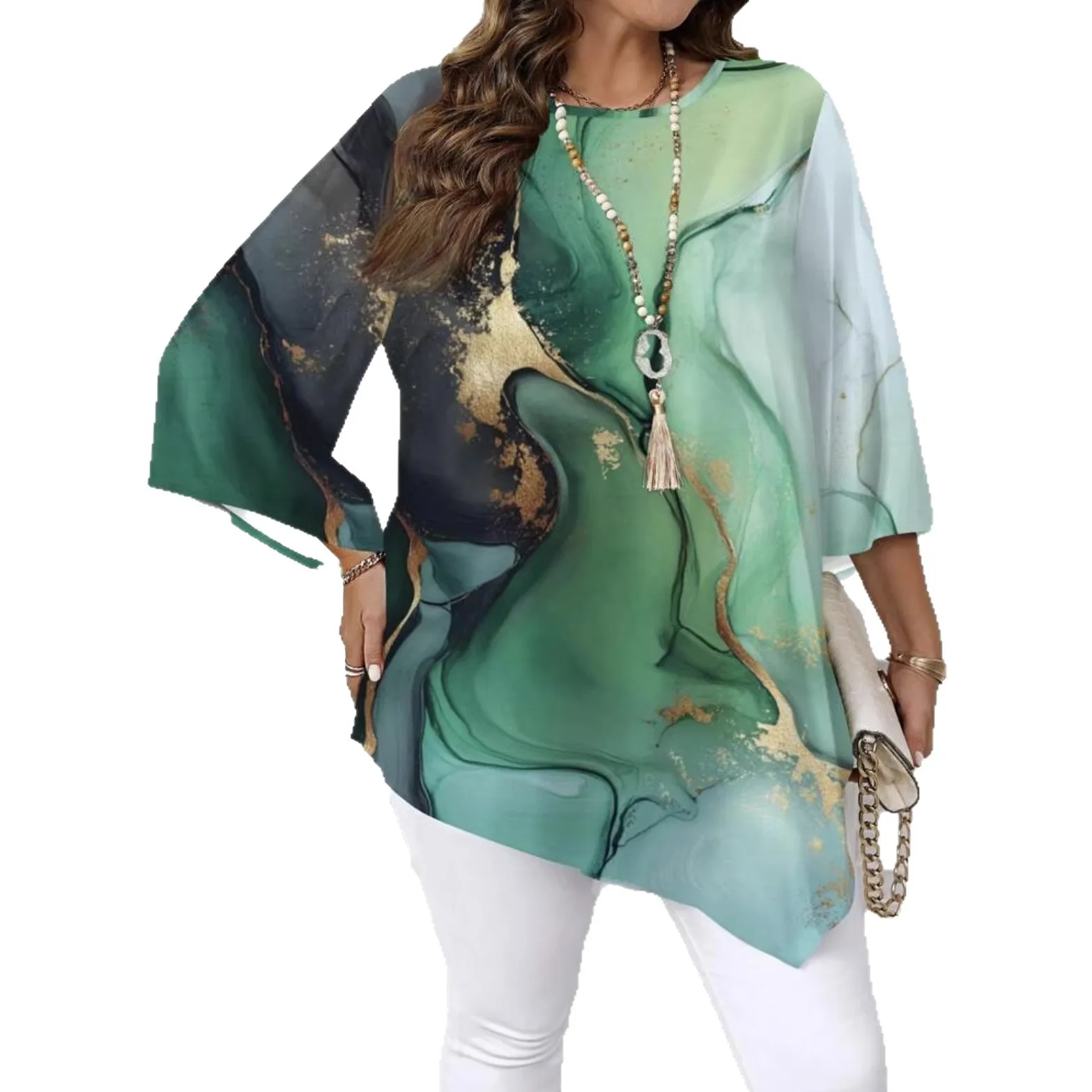 

Весенне-летний повседневный универсальный топ больших размеров с круглым вырезом и геометрическим принтом, черный, зеленый, с рукавами три четверти