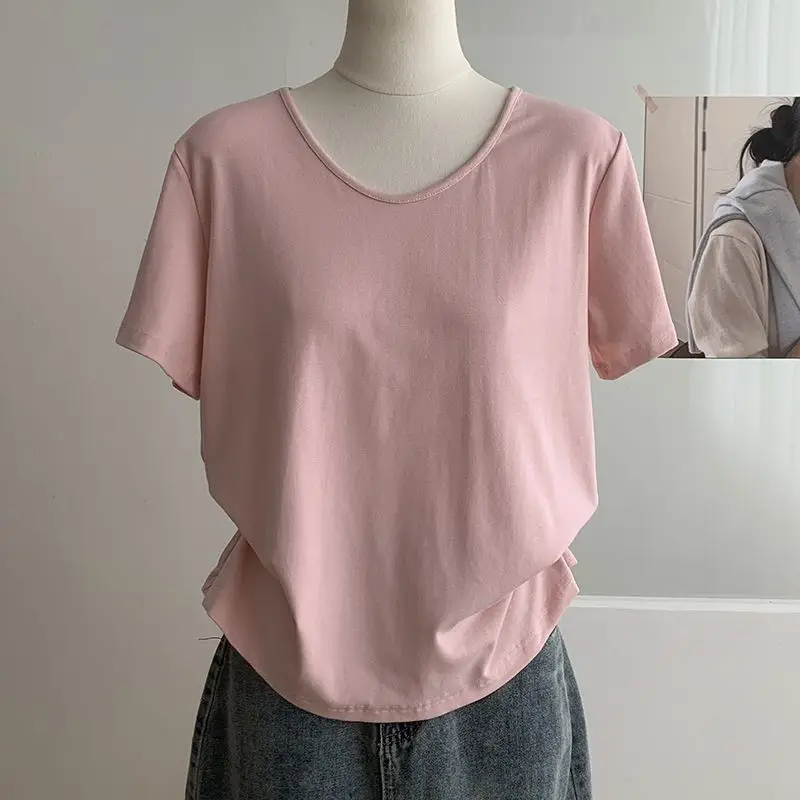 

Wedbleser Solid Color Shoulder Short Sleeved T-shirt Women Summer Loose Lazy Style V-neck Base Top Slimming Versatile