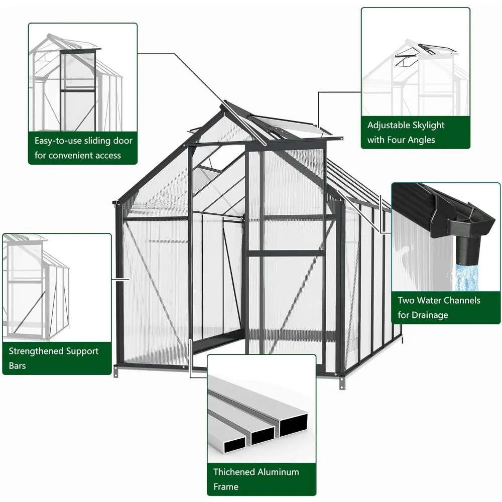 10.3 X 6.3 FT Greenhouses for Outdoors, Polycarbonate Greenhouse Kit, Aluminum Large Walk in Greenhouse for Outside Garden