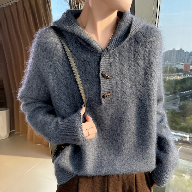 100% المنك النقي الكشمير محبوك معطف بقلنسوة المرأة مقنعين طوق فضفاض البلوز موضة تويست بأكمام طويلة هوديي معطف سميك