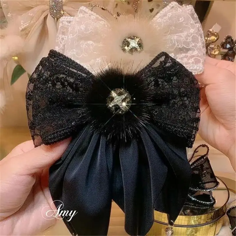 

Korean Hair Accessories for Women Black Fabric Bow Hair Clips Feather Crystal Hairpins Spring Clip Fashion Ponytail Barrettes