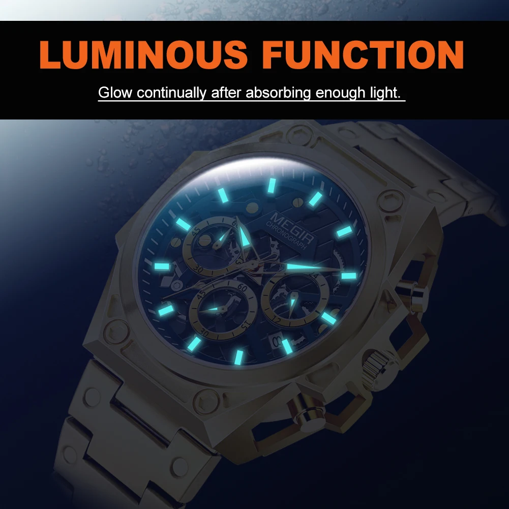 MEGIR Brand Watch for Men Stainless Steel Business Quartz Wristwatch Luminous Clock Big Dial Chronograph 5ATM Waterproof 4220