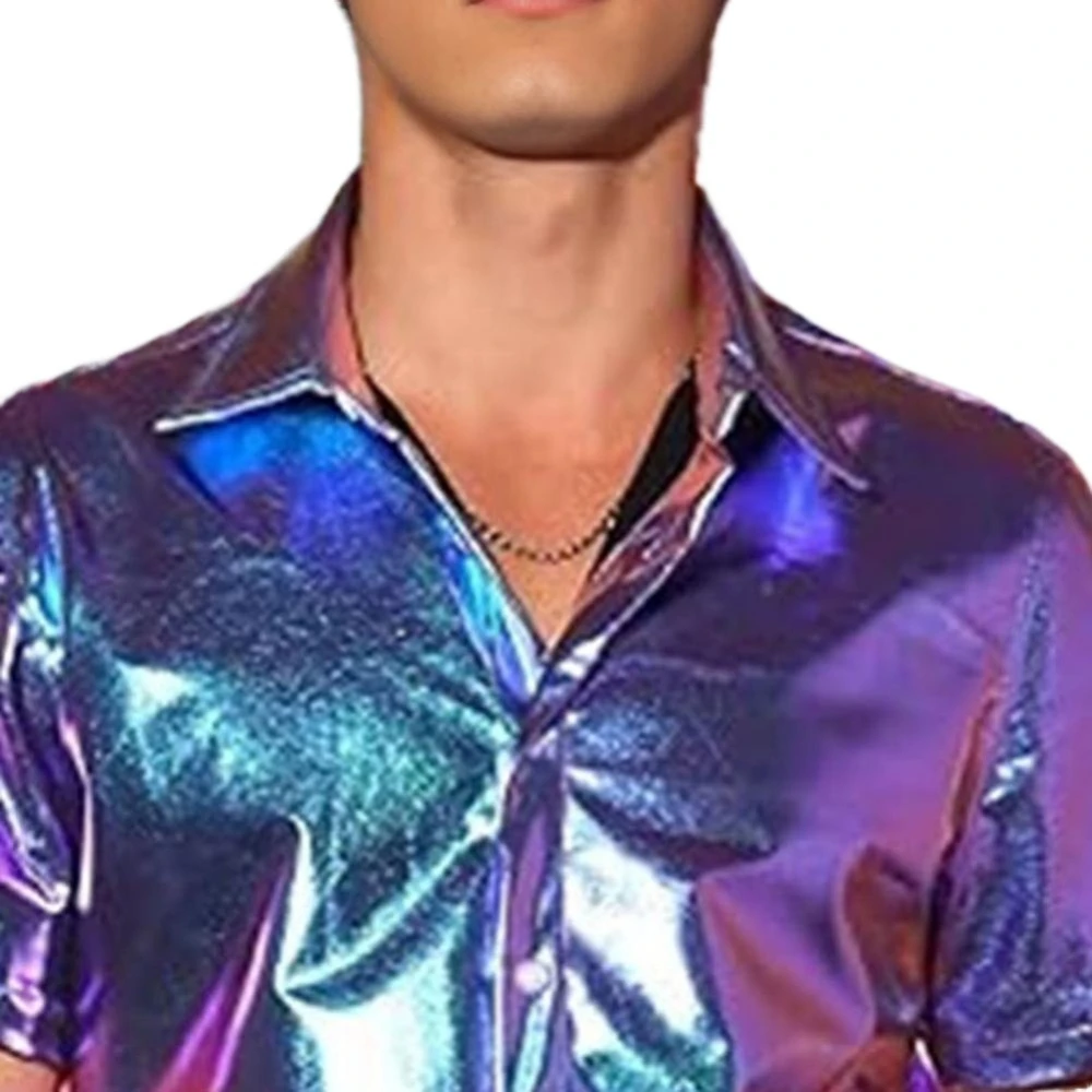 Men's 70s Disco Shirts Shiny Metallic Short Sleeve Button Down Dance Nightclub Party Costume Banquet Stage Performance Prom Tops