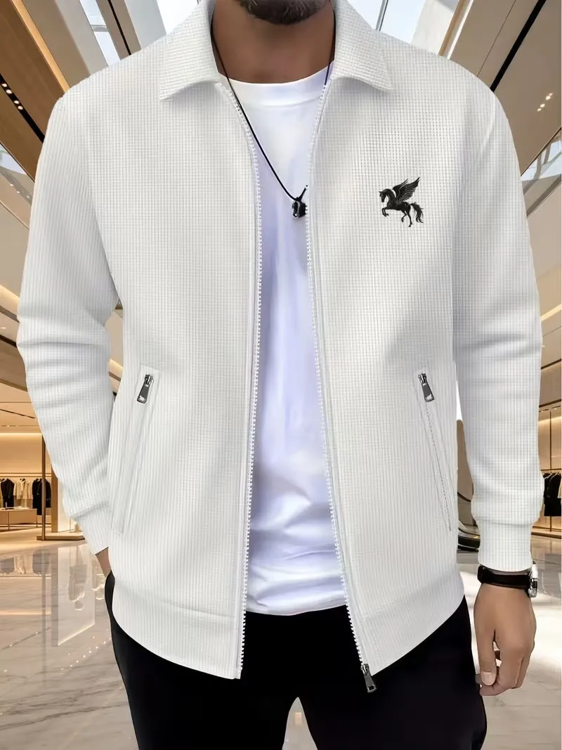 Men's Fashion Waffle Lapel Zip Up Jacket with Logo Spring Autumn Premium Casual Cardigan Coat Versatile Daily Outerwear 4 Colors