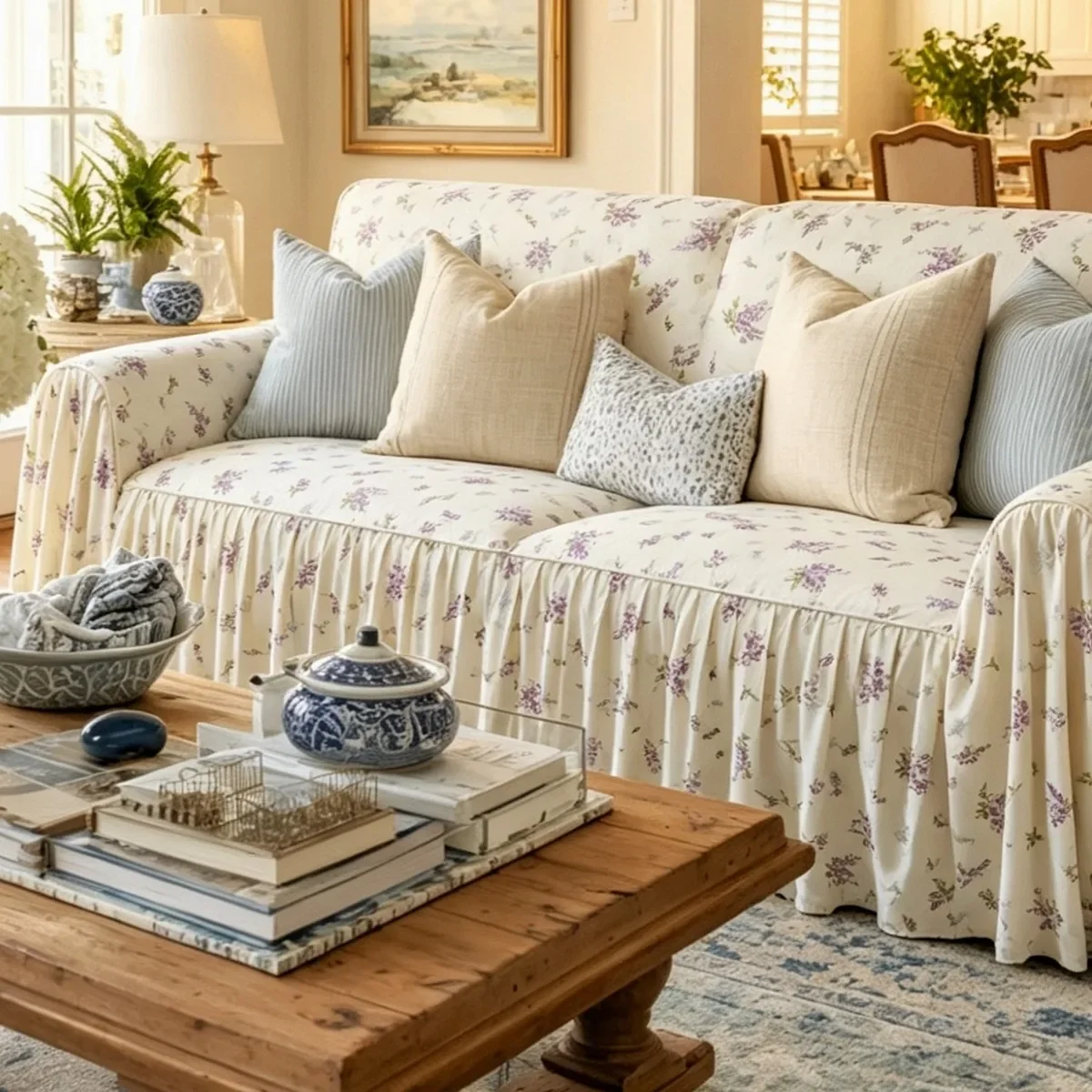 Light Dream-French Korean Cream All Seasons Universal Cotton Sofa Towel Cover Sofa Cover Warm Yellow Purple Flower