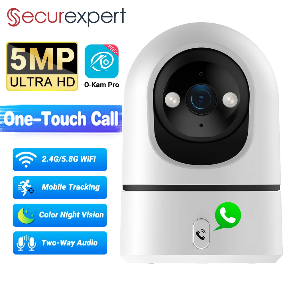 

5-мегапиксельная 2,4G/5G Wi-Fi комнатная радионяня и камера безопасности, вызов в одно касание, цветное ночное видение 2K, отслеживание человека 355 ° PTZ O-Kam Pro