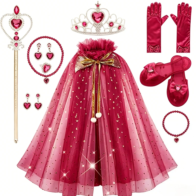 Winter Fairy Sequined Blue Tulle Cape Cosplay Outfit Kids Heart Crystal Scepter Matching Jewelry Long Bow Gloves Princess Shoes - view 2