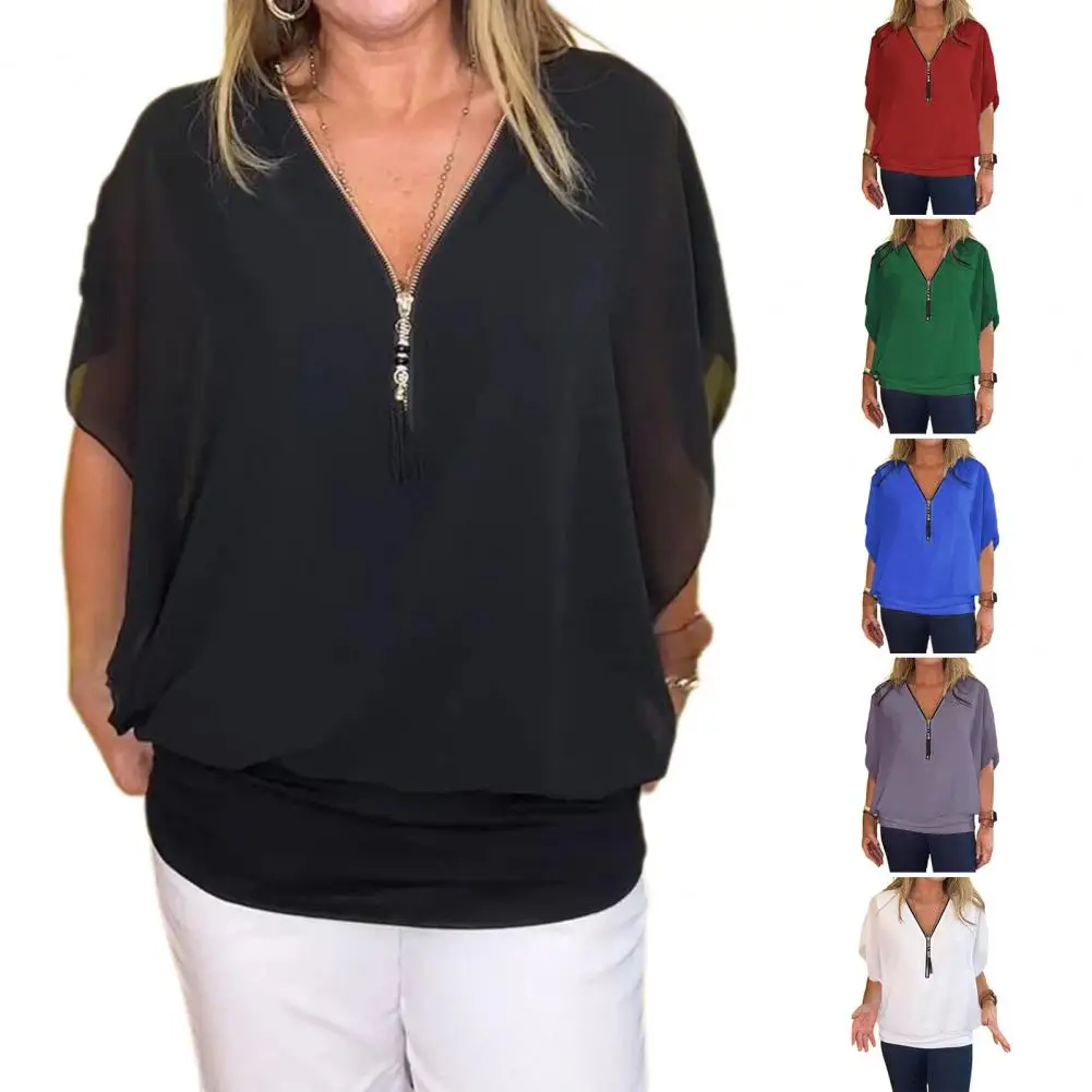 Blusa de chiffon gola V para mulheres, meio fecho, mangas de batwing frontal, pulôver monocromático, ajuste solto, tops casuais, 2021