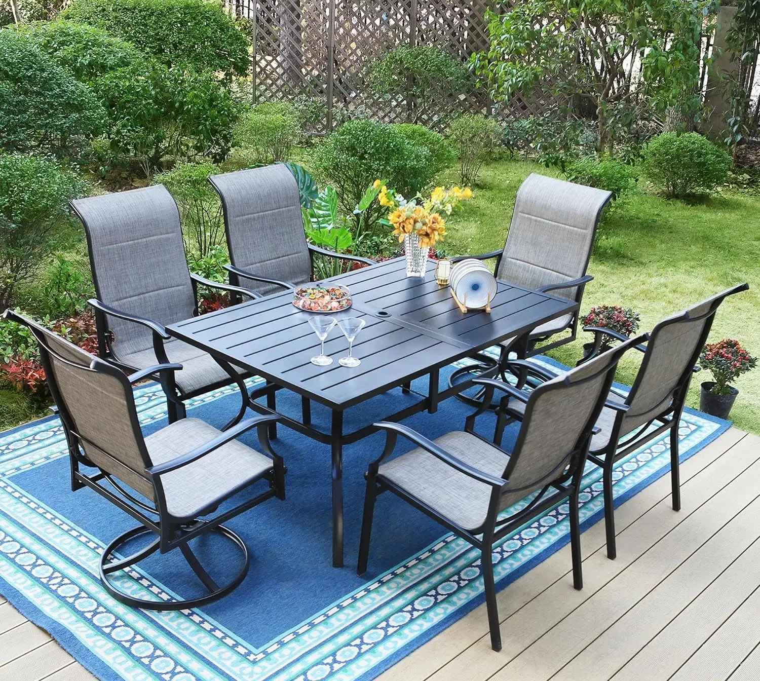 Table à manger d'extérieur avec trou de parapluie, ensemble de salle à manger pour 6 liquidations, chaises de salle à manger étanches