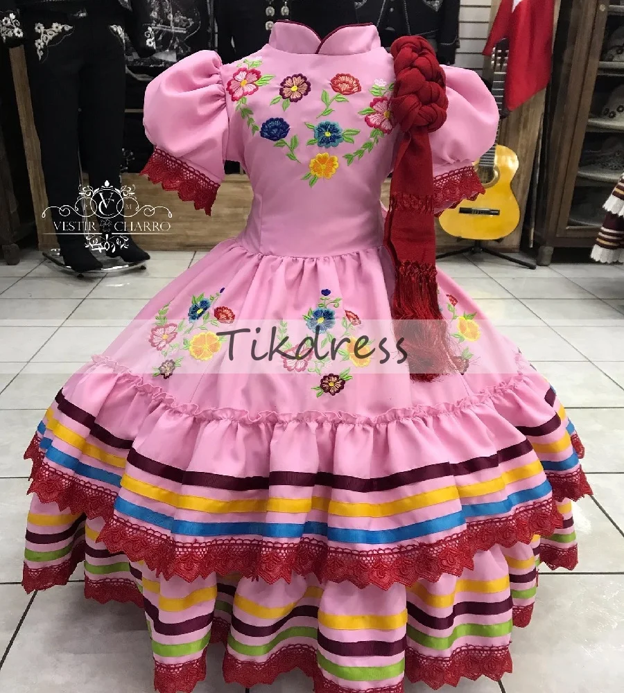 

Traditional Mexican Flower Girls Dress Pink Embroidery Pageant Party Dress 2025 A Line Toddlers Birthday Kids Dress Customized