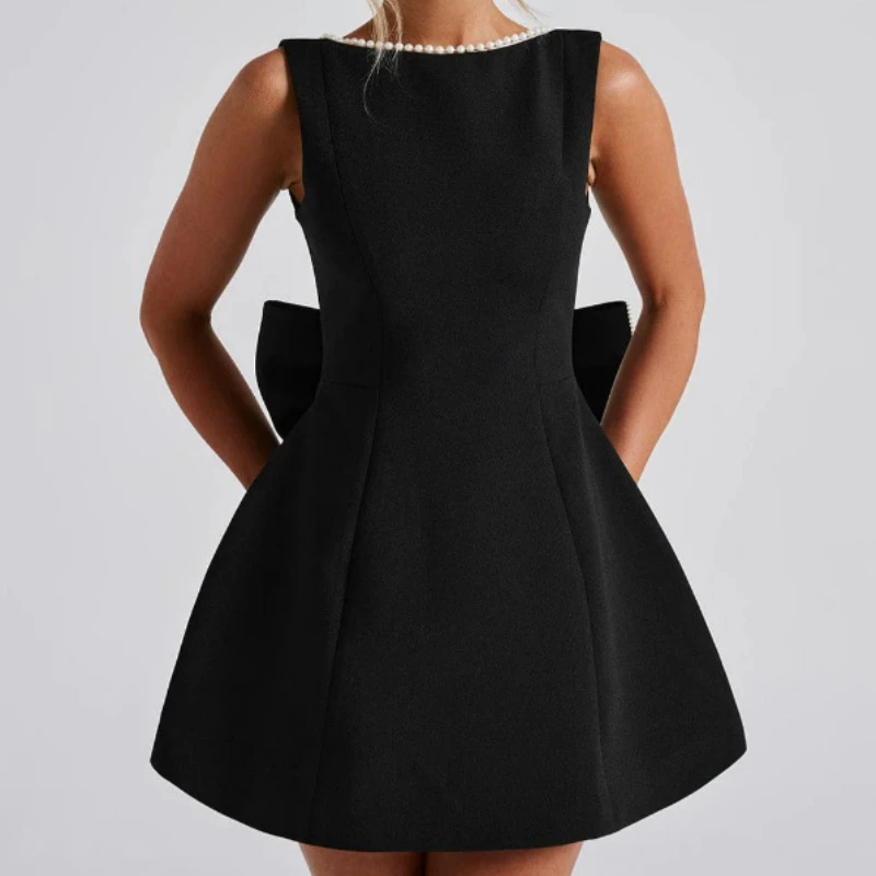 

Summer Fashion Women Sexy Pearl Knit Mini Dress Streetwear Bow Short Dresses Backless Silm Fit Shirt Coquette Casual Y2k Clothes