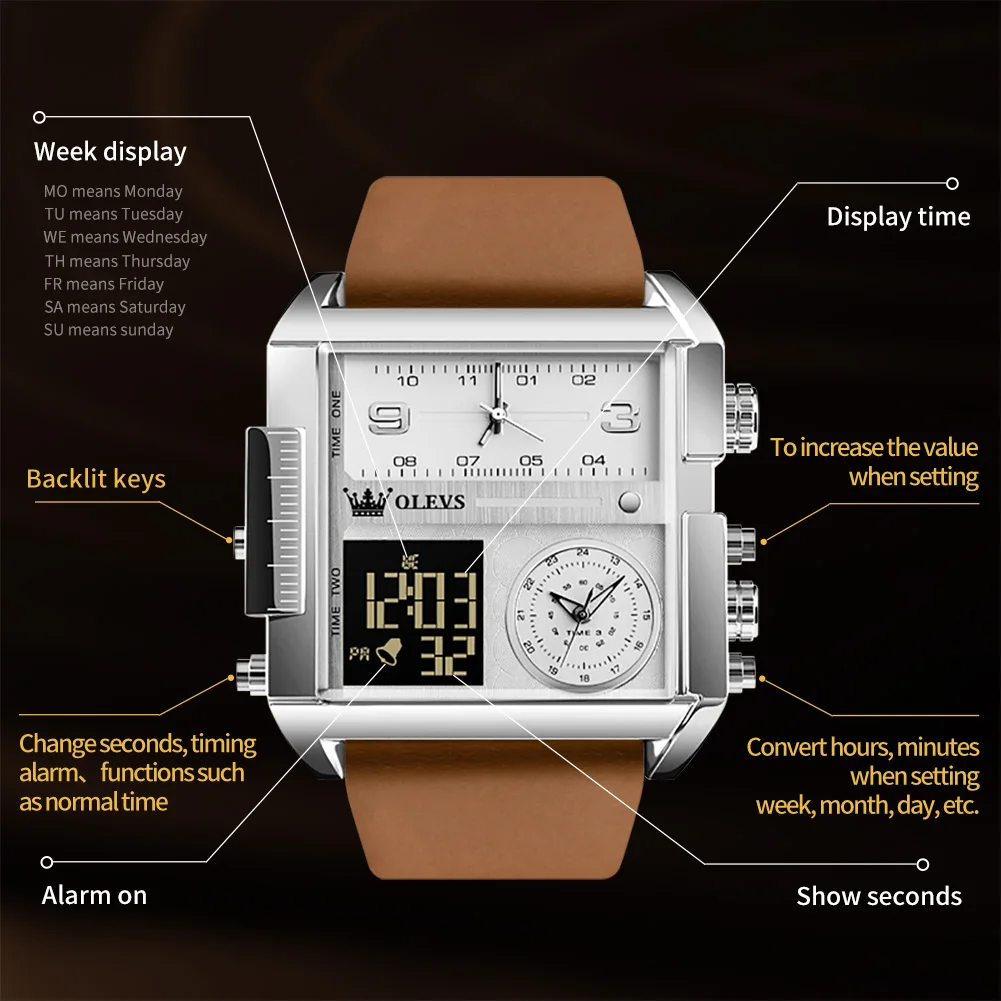 OLEVS Top Brand Electronic Watches Man Business Dress Waterproof Wristwatch Men Luxury Breathable Leather Sports Reloj Male Gift