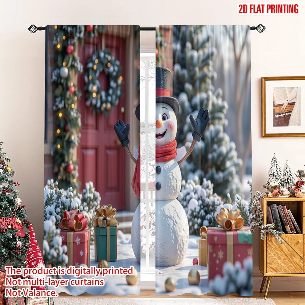 

2pcs 2D flat printing Merry Christmas Window Curtains Smiling Snowman Christmas Wreath Polyester Without Electricity Spring