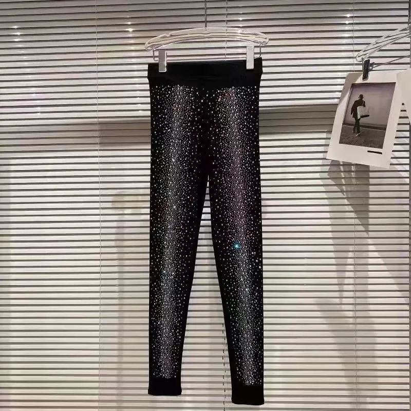 Women's 2024 Autumn Winter New Shiny Color Hot Diamond Elastic Waist Leggings Female Slimming Trousers Women's Trendy Leggings