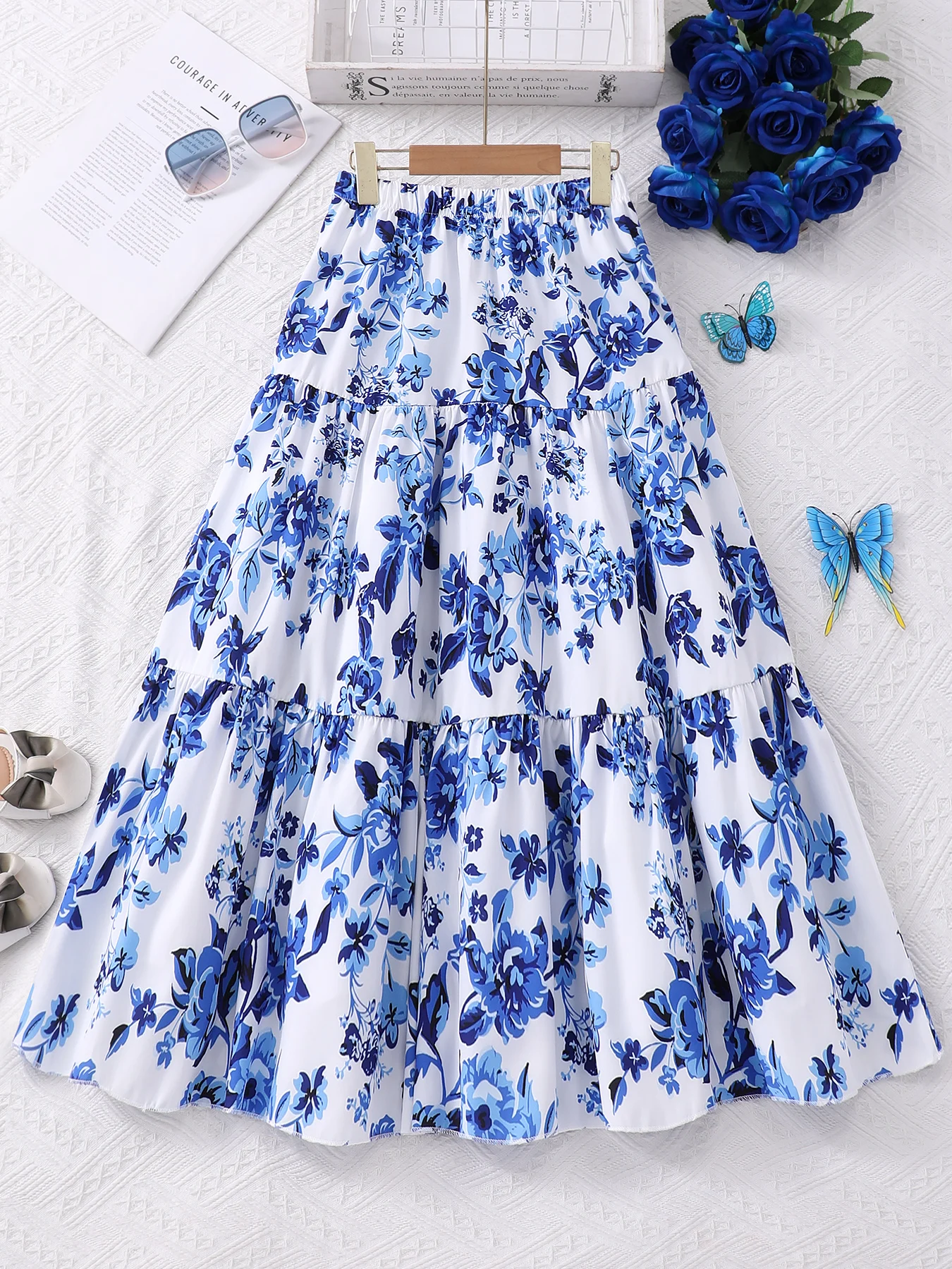 Bohemian Blue Floral Print Skirt for Girls A-Line Large Size Vacation Style 8-12 Years Old
