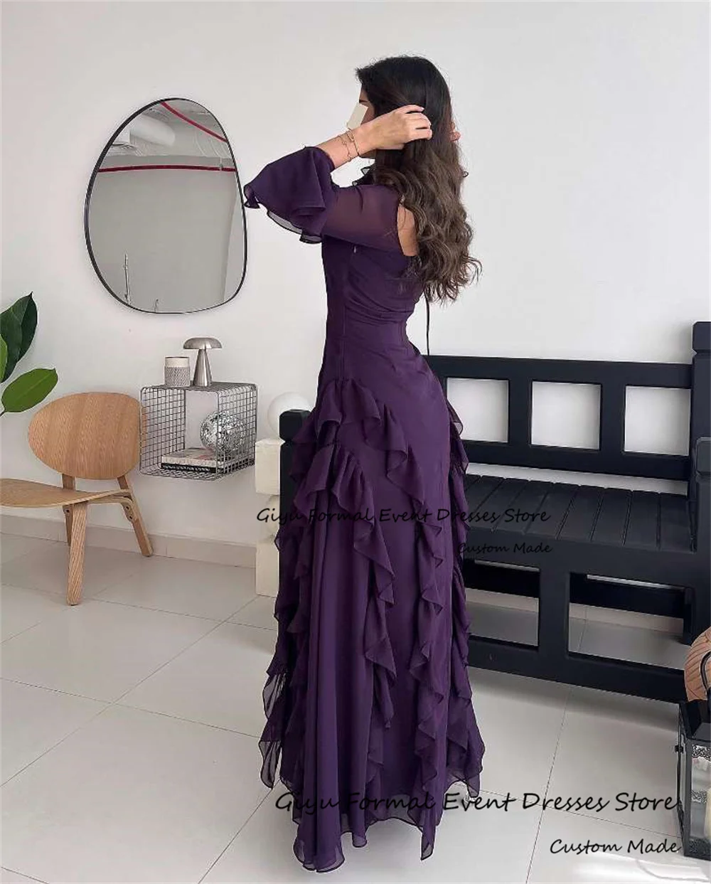 Giyu Elegent Pleat Elegantes Para Mujer 2024 Square Collar Floor-Length Full Sleeves Evening Party Dress Prom Gown