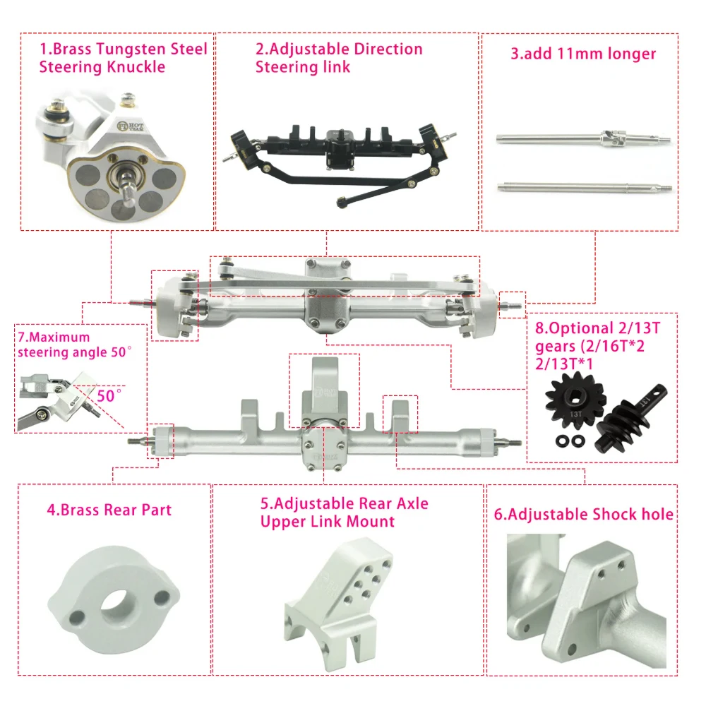 Hot Team S11 Ultimate Axle with Brass Tungsten Steel Steering Knuckles +11mm Counter weight Front Rear Axle for SCX24 RC cars