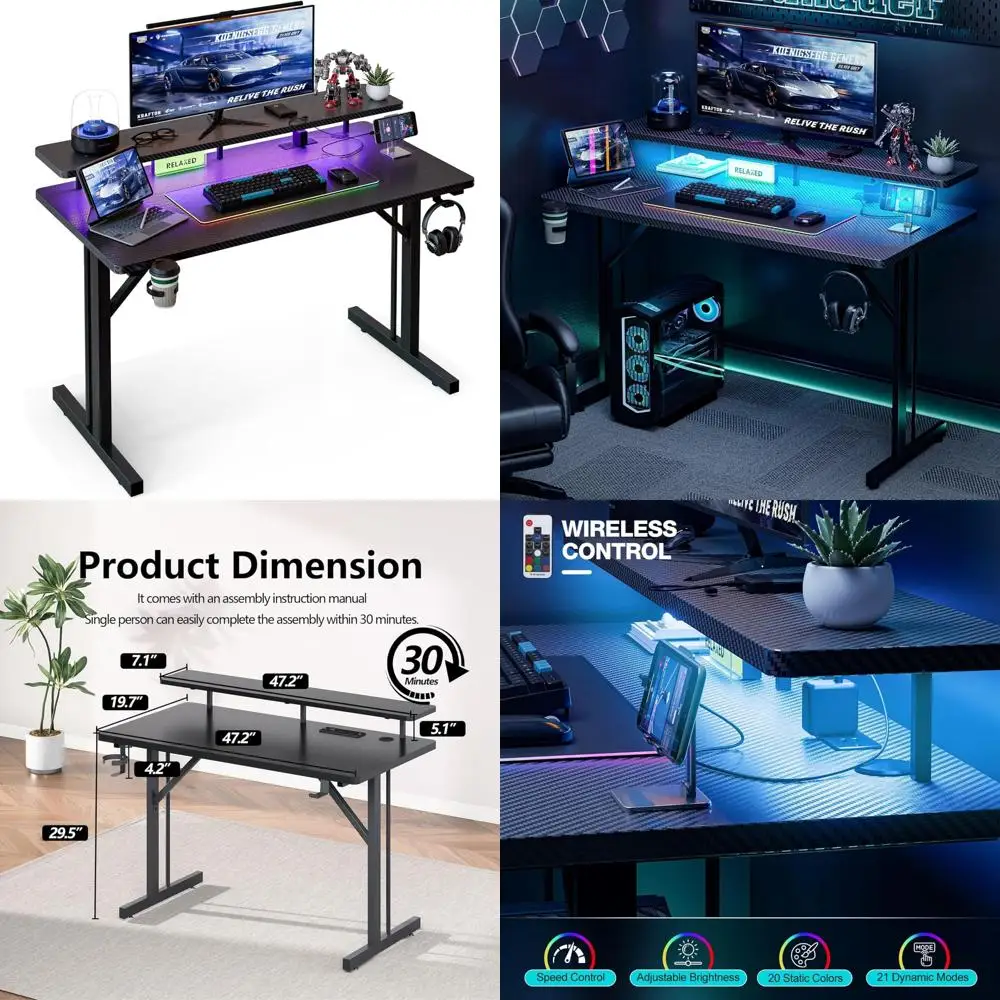 LED-Illuminated 47 Inch Gaming Desk with Power Outlets and Monitor Stands, Ergonomic Computer Desk for Gamers with Cup Holder an