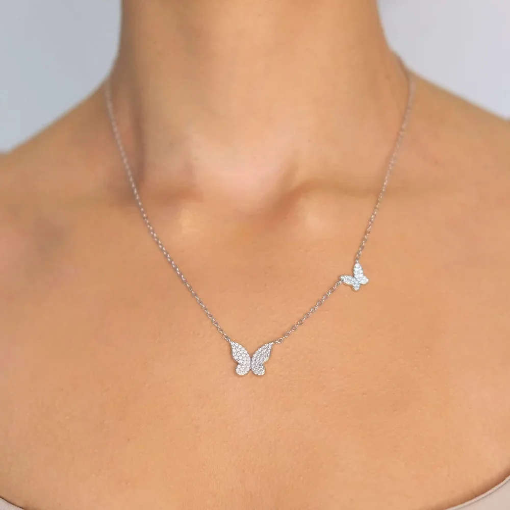 2025 Summer Fashion New Gold Color Micro Pave Clear Cubic Zirconia CZ Cute Lovely 2PC Butterfly Charm Women Trendy Necklace