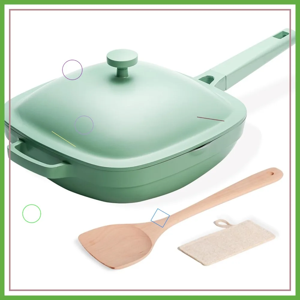 

10.5 Inch Ceramic Non-Stick Frying Pan with Lid, Wooden Spatula & Scrubber - Mint Haze