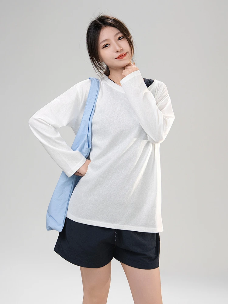 

Artisanal Series Korean Style Women's Three-Piece Set Sun Protection Long Sleeve White Vest Dark Blue Quick Dry Shorts Summer