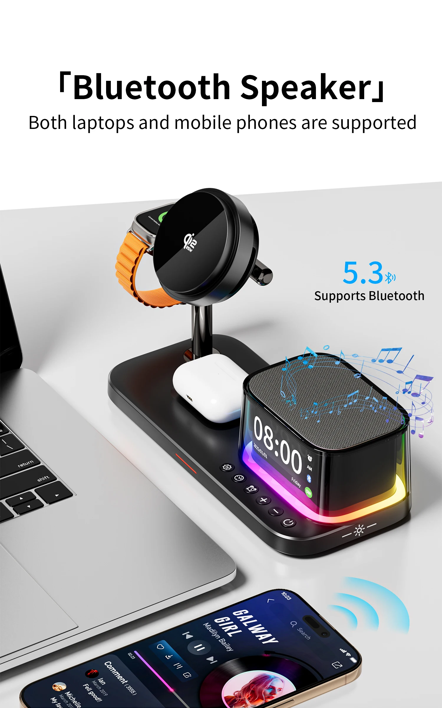 Qi2 25W ICE-Kühlung Magnetisches Kabelloses Ladegerät Bluetooth-Lautsprecher für iPhone 17 Samsung S26 Apple Galaxy Watch 2-8 Schnelles Laden – Detail 11