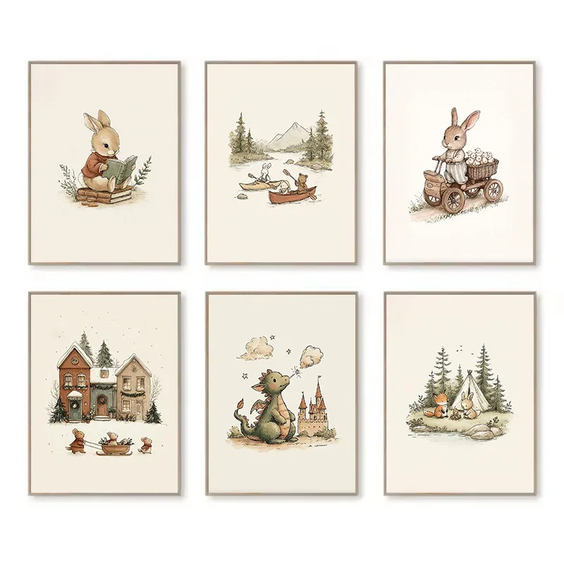 Storytime Rabbit Bear Camping Dinasaur Bunny Nursery Fairytale Cartoon Poster Canvas Painting Wall Art Pictures Home Decor