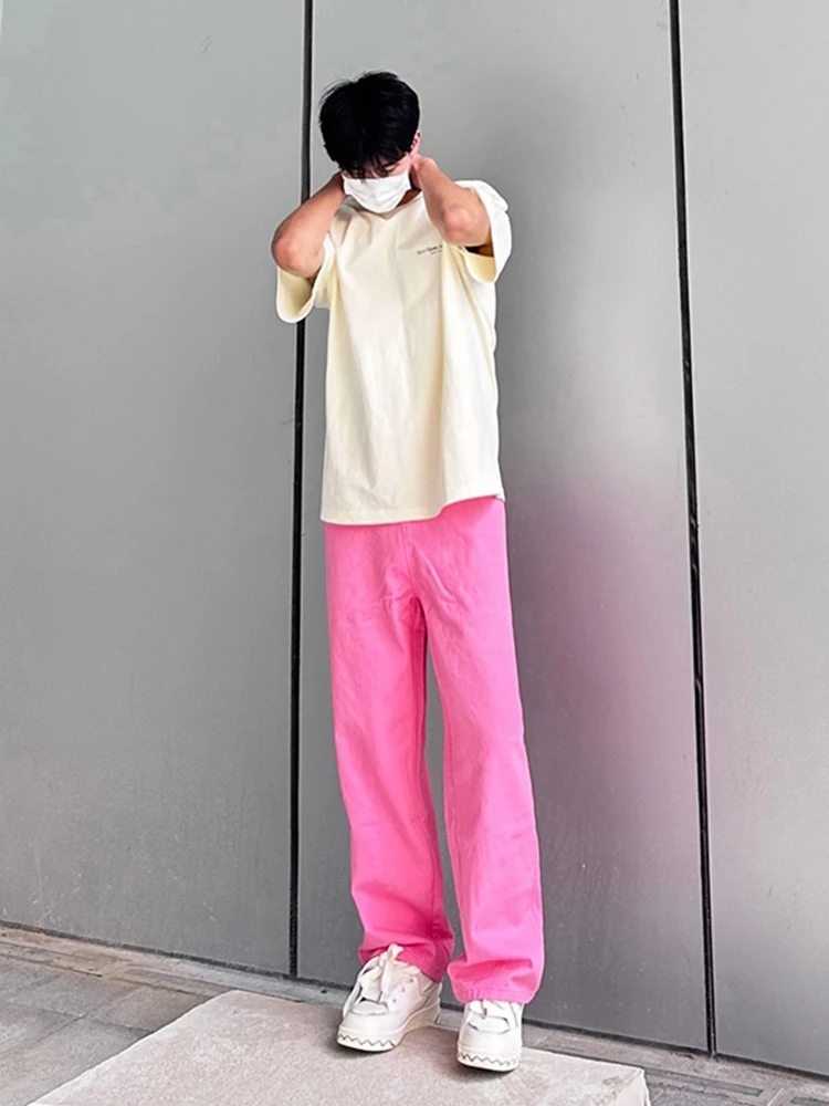 

Pink Men's Summer Thin Durable Straight Leg Jeans Pure Color Drapey Trendy Brand Fashionable Casual Cotton Blend Trousers