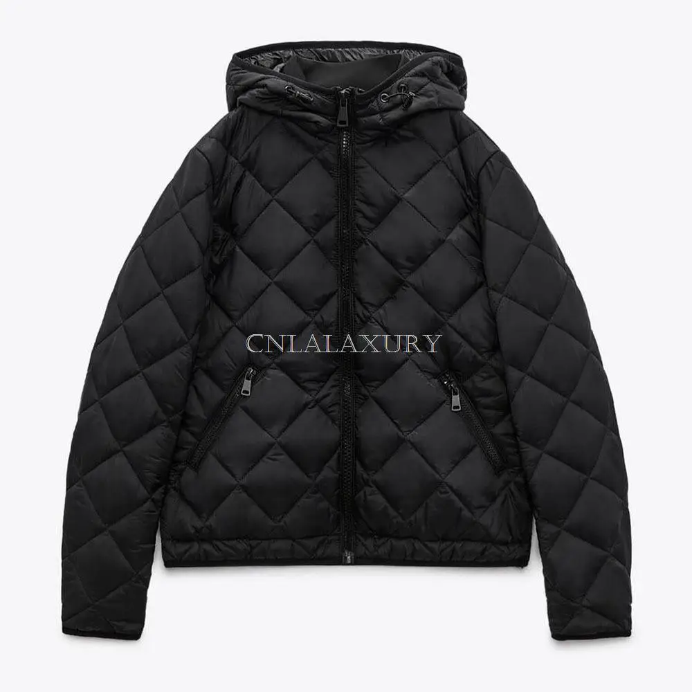 CNlalaxury 2022 Women Thin Parkas Green Hoodie Outwear Female Long Sleeve Plaid Padded Coat Casual Loose Jacket Spring Bomber