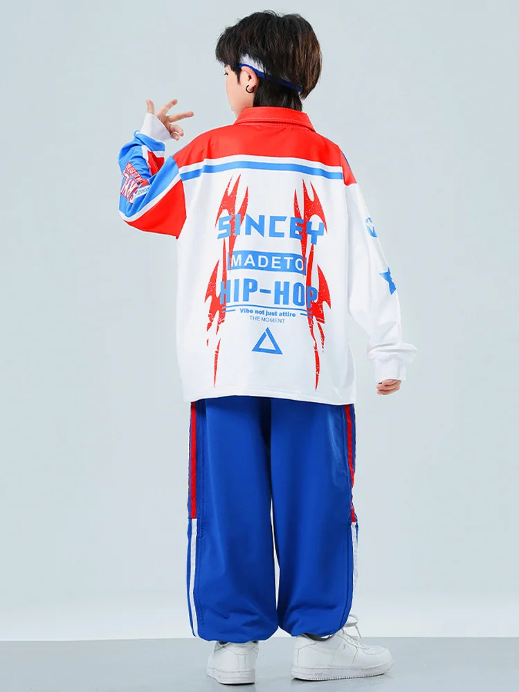 Boys Street Dance Streetwear White Sweatshirt Girls Hip Hop Clothes Sets Kids Jazz Blue Pants Outfits Costume